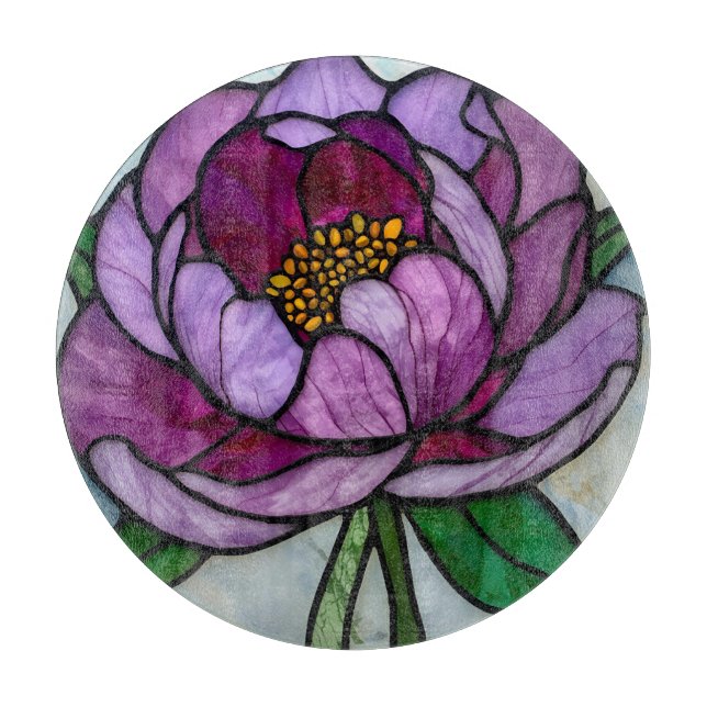 Purple Peony Stained Glass Cutting Board (Front)