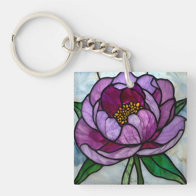 Purple Peony Stained Glass Key Ring (Front)