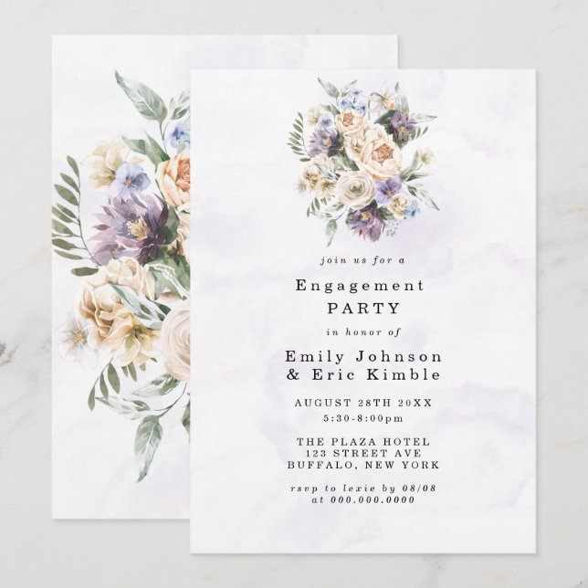 Purple Peony Wildflowers Rustic Engagement Party Invitation (Front/Back)