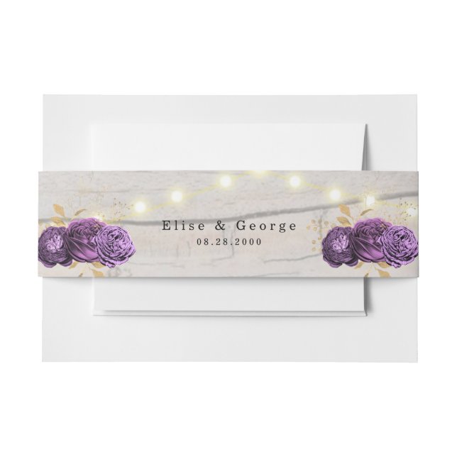 Purple Peony Wood String Of Lights Wedding Custom Invitation Belly Band (Front Example)