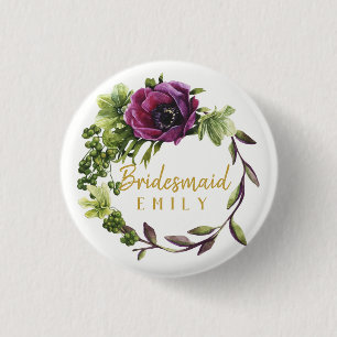 Purple Peony Wreath Bridesmaid Name ID456 3 Cm Round Badge
