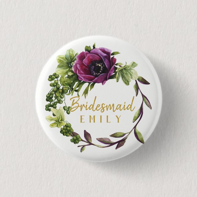 Purple Peony Wreath Bridesmaid Name ID456 3 Cm Round Badge (Front)