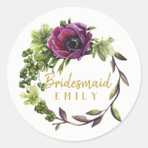 Purple Peony Wreath Bridesmaid Name ID456 Classic Round Sticker