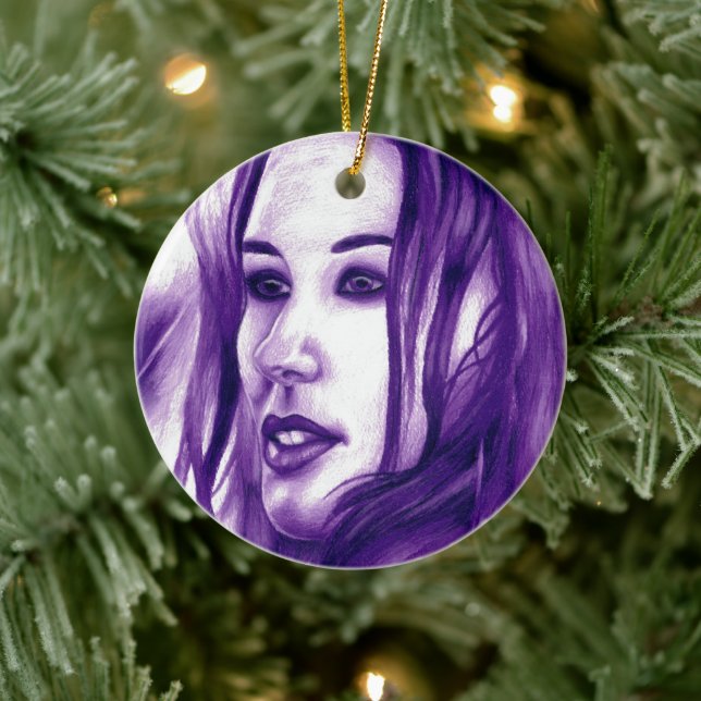 Purple People Woman Portrait Original Art Ceramic Ornament (Tree)