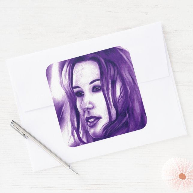 Purple People Woman Portrait Original Art Square Sticker (Envelope)