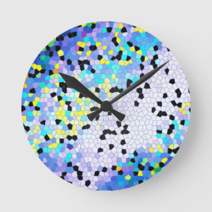 Purple Periwinkle Blue & Black Mosaic Pattern Round Clock