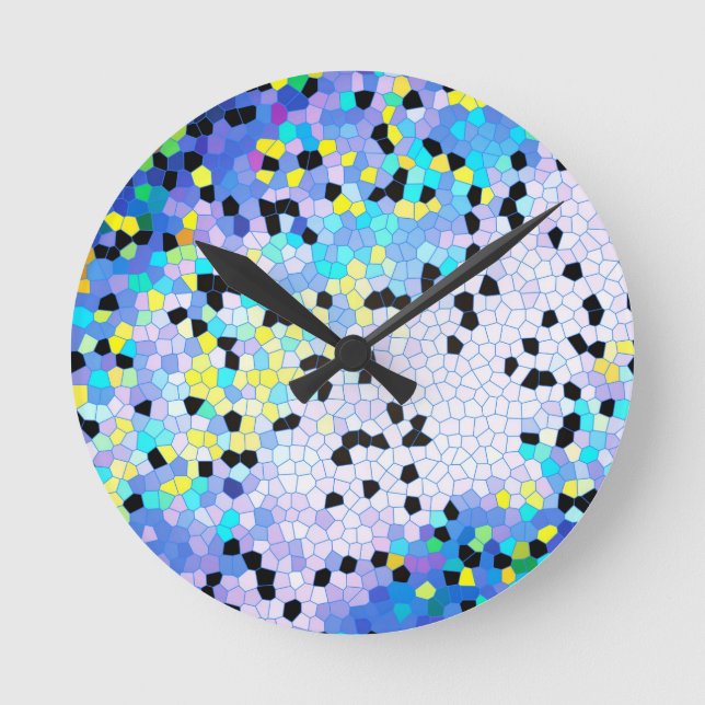 Purple Periwinkle Blue & Black Mosaic Pattern Round Clock (Front)