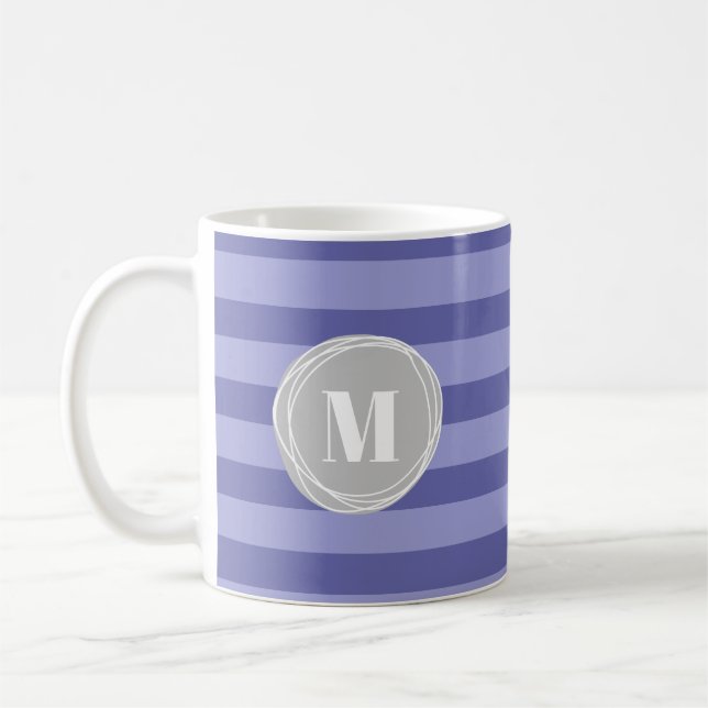 Purple Periwinkle Stripes Monogram Coffee Mug (Left)