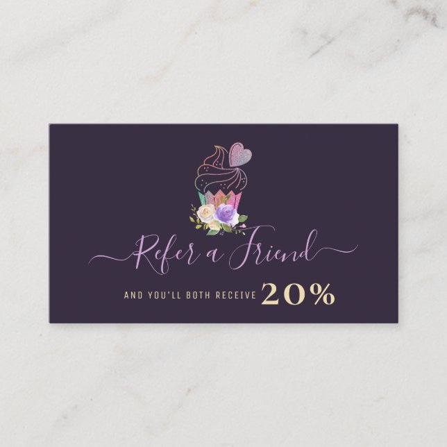 purple personalised cakery business referral card (Front)