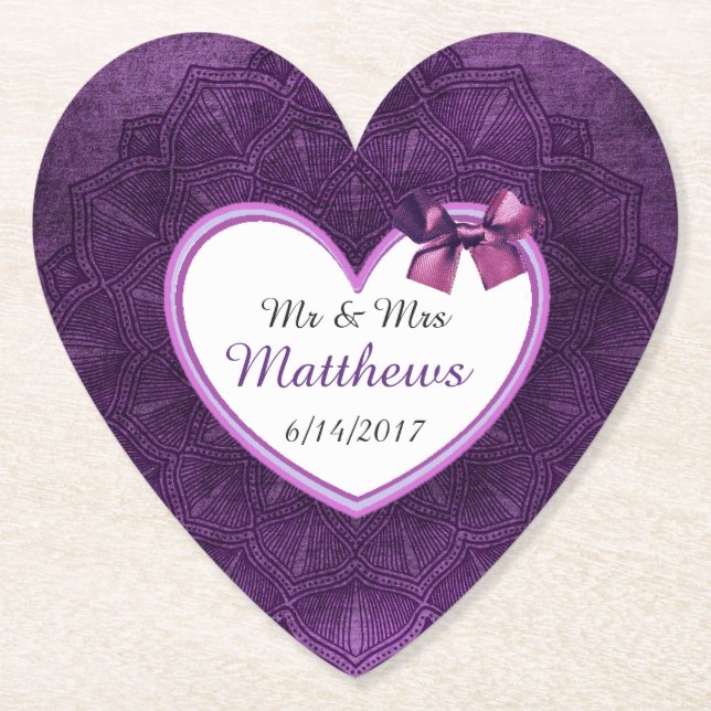 Purple Personalised Wedding Heart Coasters (Front)