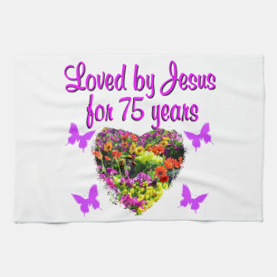 PURPLE PERSONALIZED FLORAL 75TH BIRTHDAY DESIGN TEA TOWEL