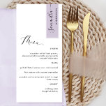Purple Personalized with Guest Name Elegant Menu<br><div class="desc">Why spend in place cards and menu cards when you can have an elegant All-in-one elegant Menu personalized with each guest name! Contemporary, simple and elegant design with beautiful modern hand written calligraphy. Stripe on the top right corner in attractive pale purple tone with guest name in black. Back in...</div>