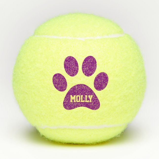 Purple Pet Paw Print Personalised Name Toy Tennis Balls (Front)