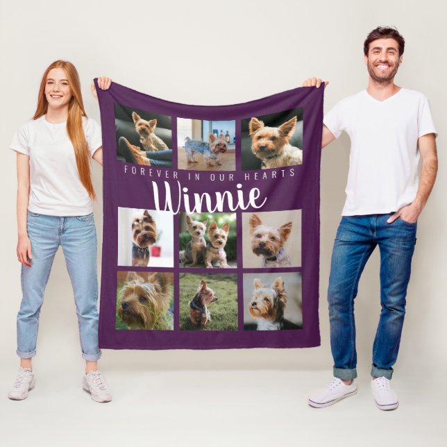 Purple Pet Photo Collage Memory Keepsake Name Fleece Blanket (In Situ)