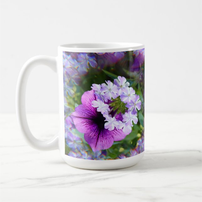 Purple Petunia and flowers 15 oz. coffee mug (Left)