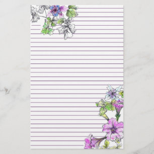 Purple Petunia Watercolor Flowers Lilac Lined Stationery