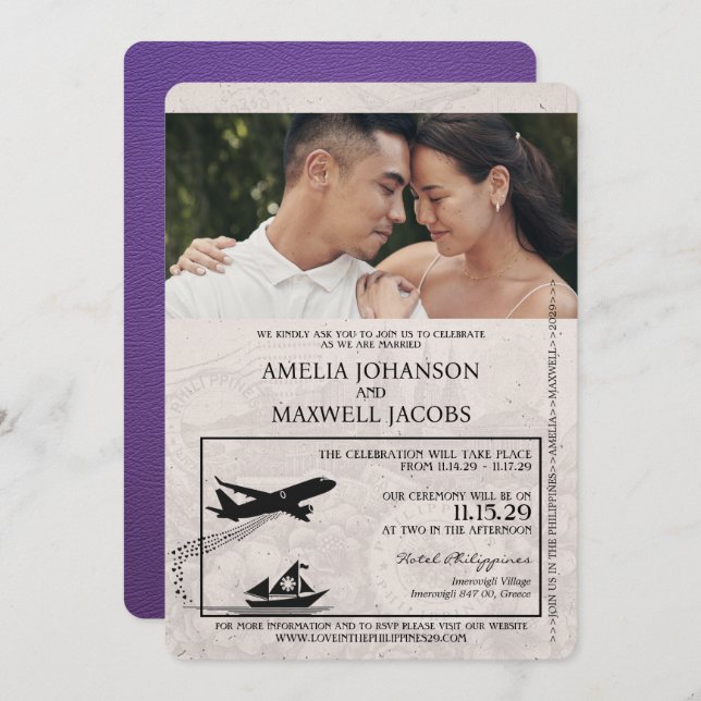 Purple Philippines Passport Wedding Invitation (Front/Back)