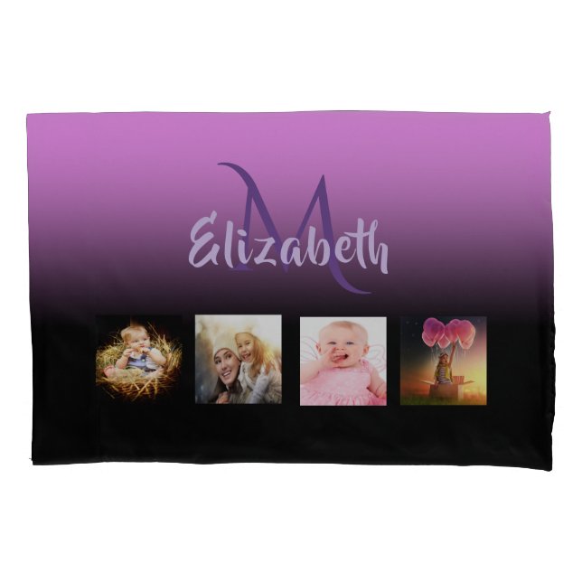 Purple photo collage monogram pillowcase (Front)
