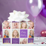 Purple Photo Collage Template Cute Custom Birthday Wrapping Paper<br><div class="desc">Pretty purple wrapping paper with a 6 photo template collage of the birthday girl and her monogrammed name on the cool squares next to a fun birthday cake. Beautiful personalised Happy Birthday gift wrap for a child.</div>