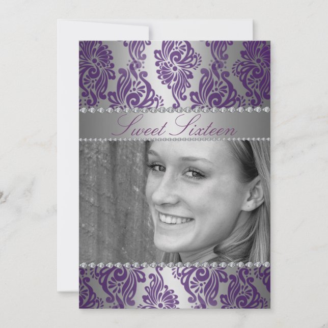 Purple Photo Floral Print Sweet 16 Birthday invite (Front)