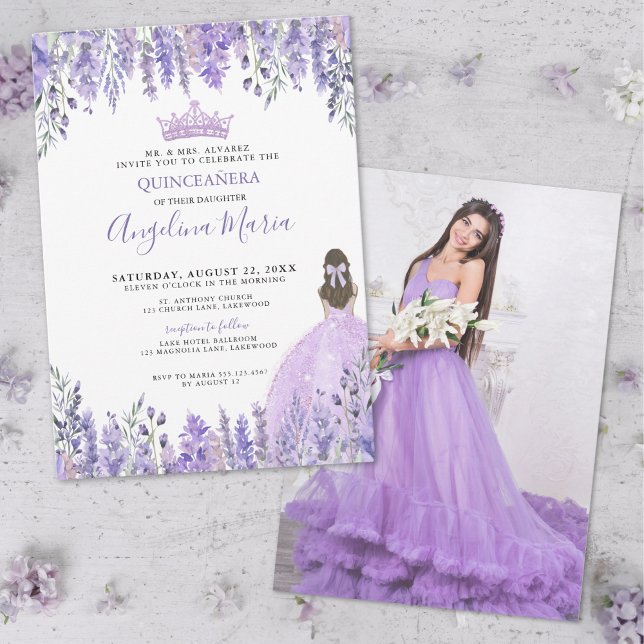 Purple Photo Floral Quinceañera Invitation (Purple Lavender Photo Floral Quinceañera Invitation)