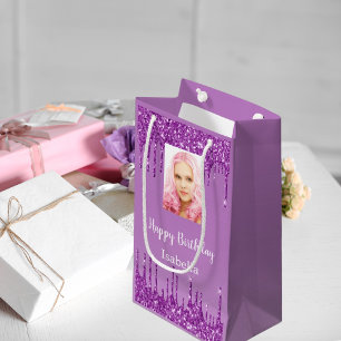 Purple photo glitter drips photo birthday small gift bag