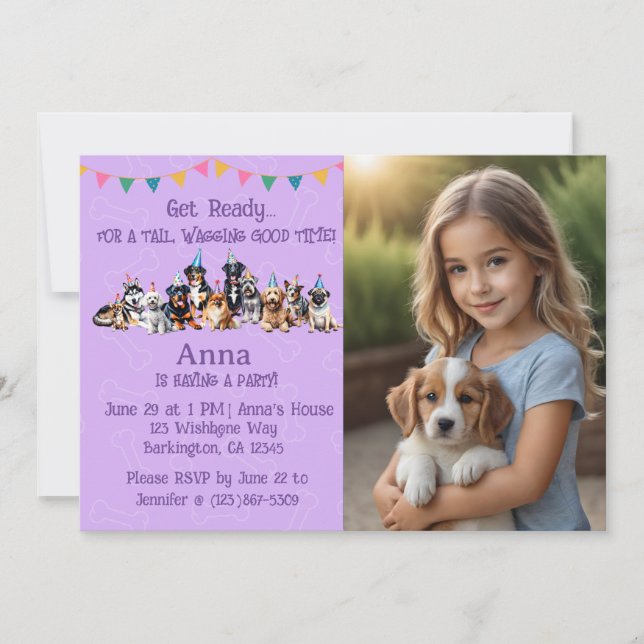 Purple Photo Puppy Dog Birthday Paw-ty Invitation (Front)