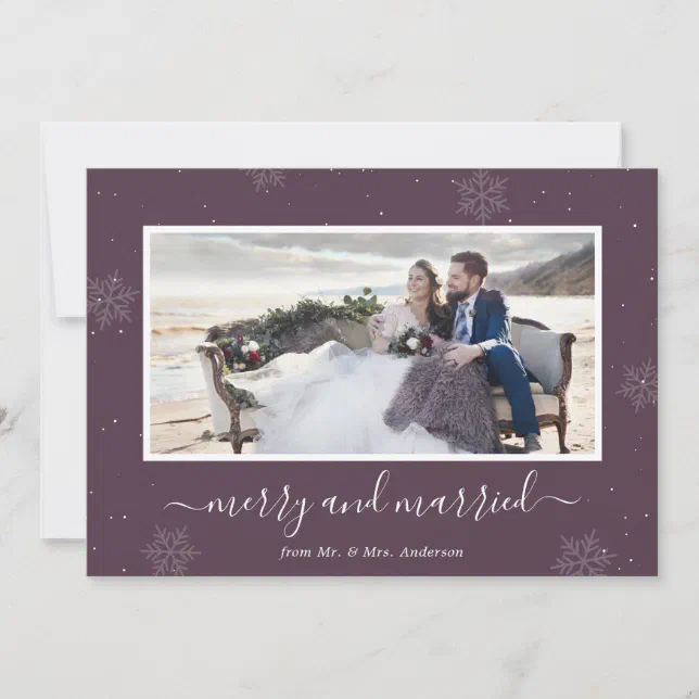 Purple Photo Snowflake Merry and Married Holiday Card | Zazzle