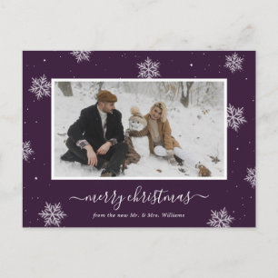 Purple Photo Snowflake Newlywed Merry Christmas Holiday Postcard