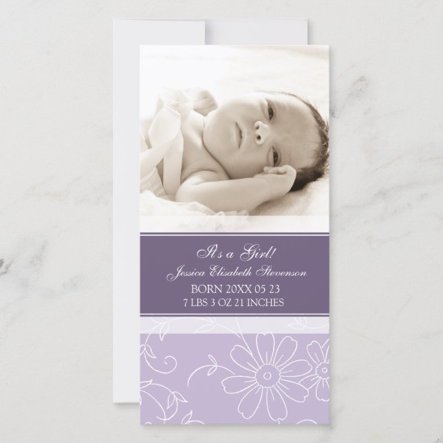 Purple Photo Template New Baby Birth Announcement (Front)