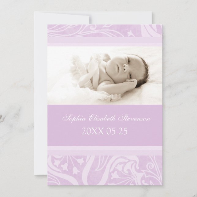 Purple Photo Template New Baby Birth Announcement (Front)