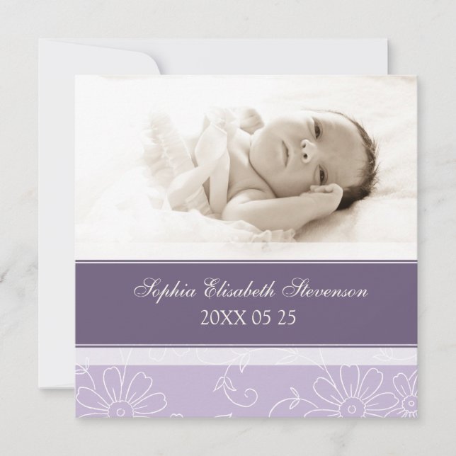 Purple Photo Template New Baby Birth Announcement (Front)