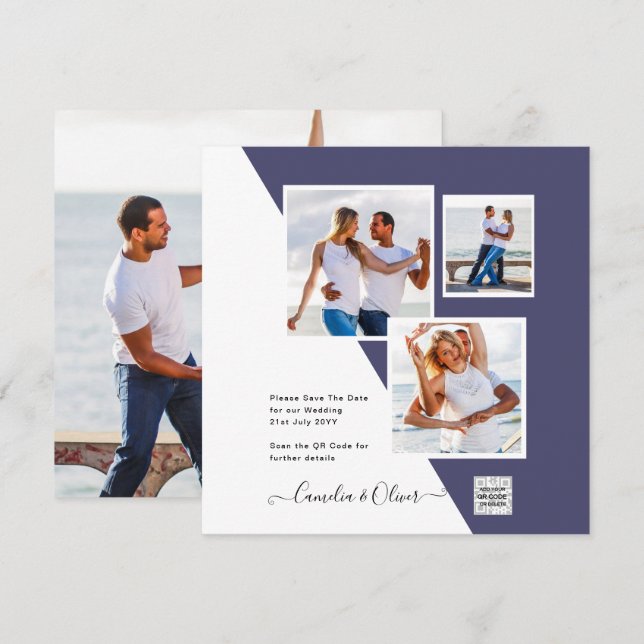 Purple PHOTO WEDDING Invite QR Code Save Date (Front/Back)