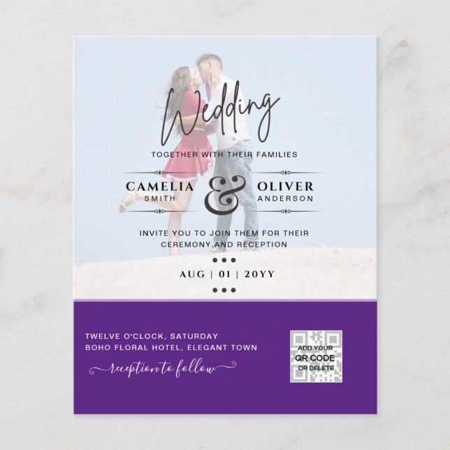 Purple Photo Wedding Invite QR Code Save Date Flyer (Front)