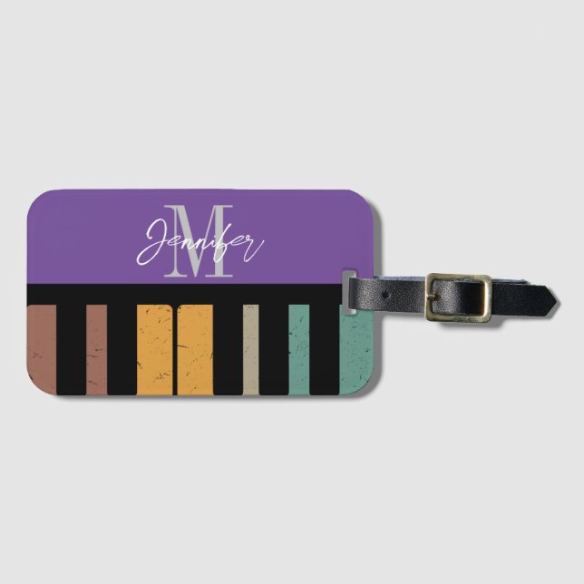 Purple  Piano Monogram Name Personalised Luggage Tag (Front Horizontal)
