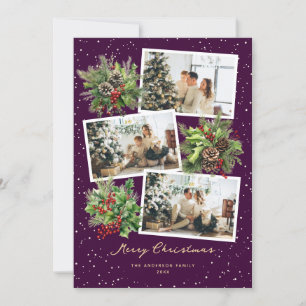 Purple Pine Cones Holly Photo Merry Christmas Card