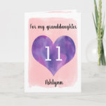 Purple Pink 11th Birthday Granddaughter Card<br><div class="desc">A personalized pink and purple happy 11th birthday daughter card that features a watercolor heart against a pink water color. You can personalize the water color heart with the age you need and add her name underneath the heart. The inside card message reads a birthday message, which can also be...</div>
