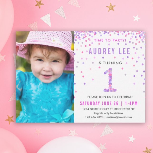 Purple Pink 1st Birthday Party Photo Birthday Invitation (Pink and purple confetti for your little girl's first birthday - easily add your own photo!)