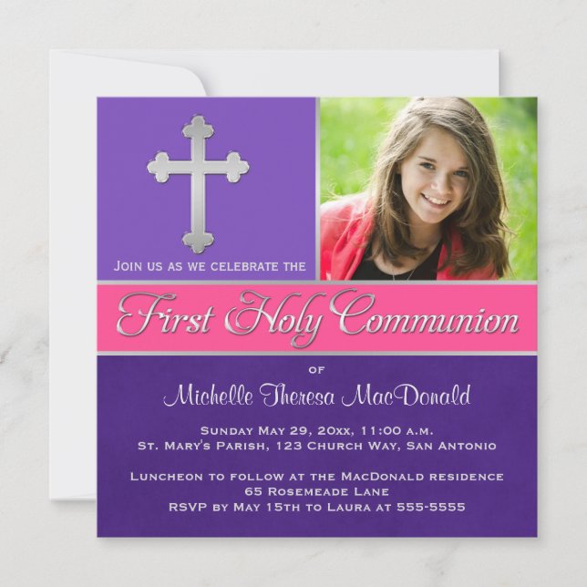 Purple, Pink 1st Holy Communion Photo Invite (Front)