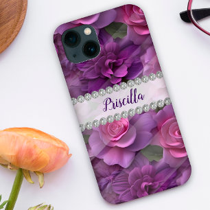 Purple & pink 3D roses, diamond frame custom iPhone 13 Case