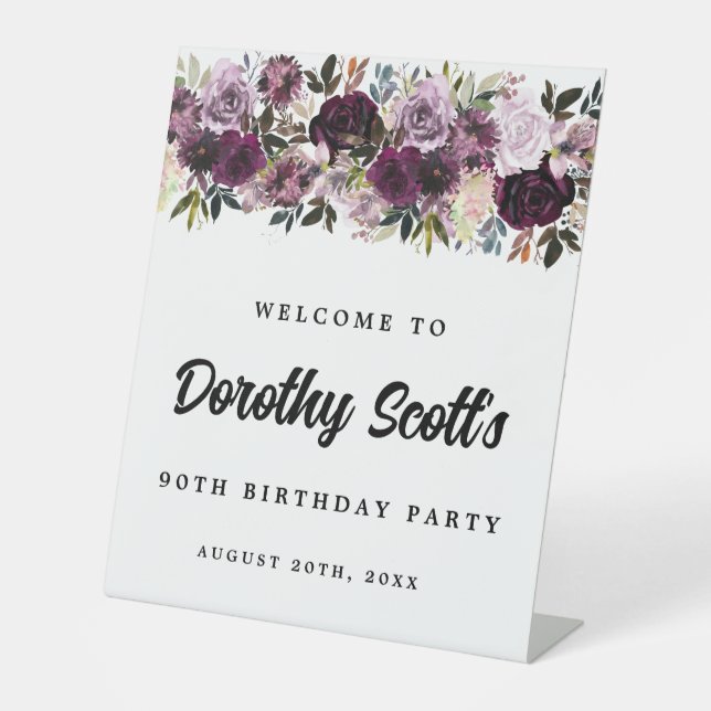 Purple Pink 90th Birthday Party Welcome Pedestal Sign (Front)