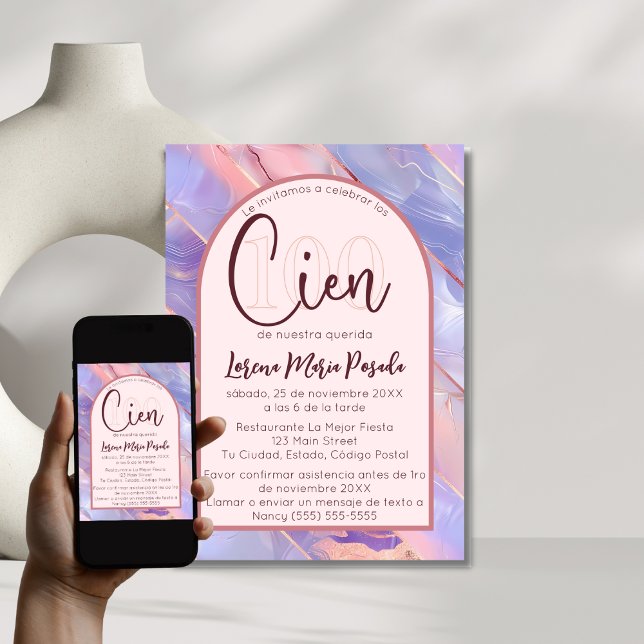 Purple Pink Agate Spanish 100th Birthday For Her Invitation (Creator Uploaded)