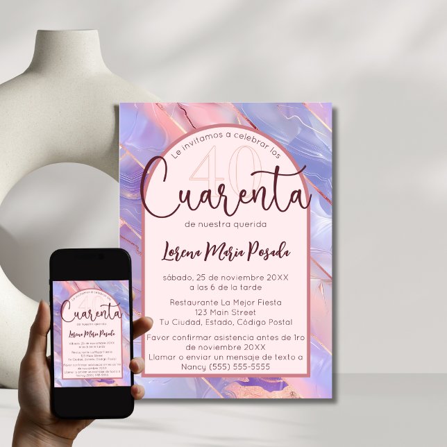 Purple Pink Agate Spanish 40th Birthday For Her Invitation (Creator Uploaded)