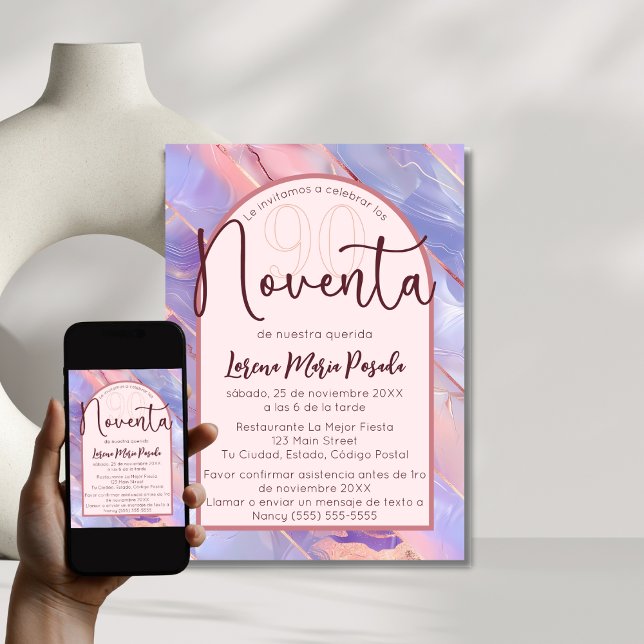 Purple Pink Agate Spanish 90th Birthday For Her Invitation (Creator Uploaded)