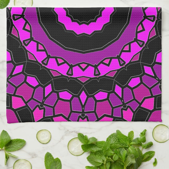 Purple, Pink and Black Kaleidoscope Pattern Tea Towel (Folded)