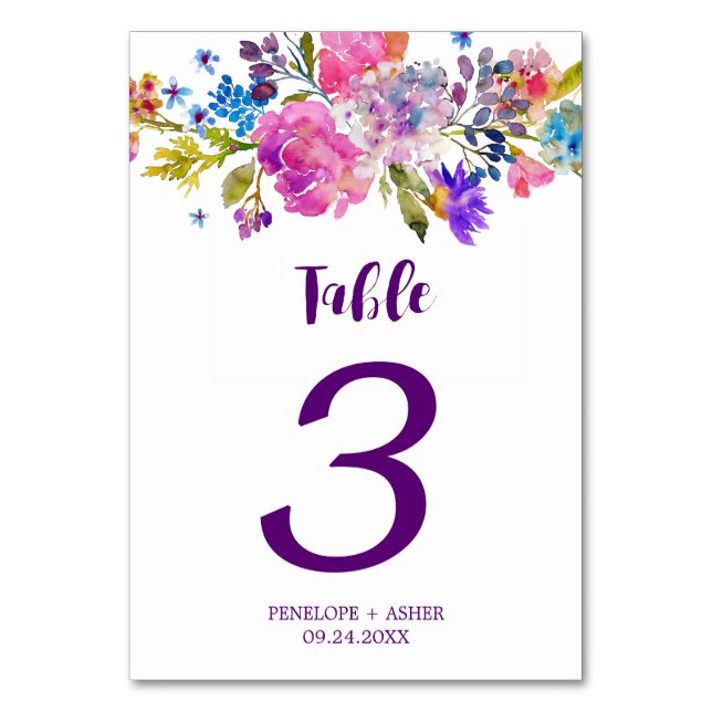 Purple Pink and Blue Flowers Wedding Table Number (Front)