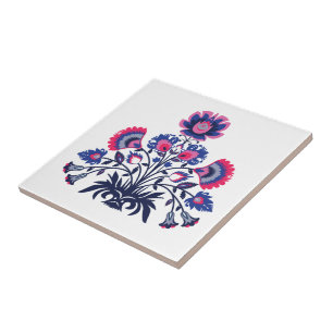 Purple, Pink and blue folklore Wycinanki style Ceramic Tile