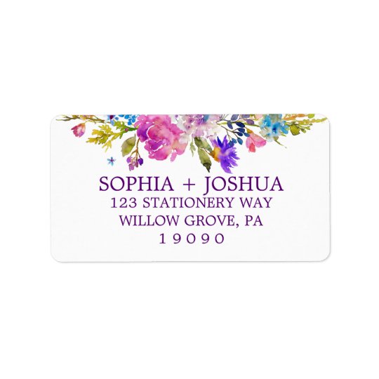 Purple Pink and Blue Watercolor Flowers Wedding Address Label