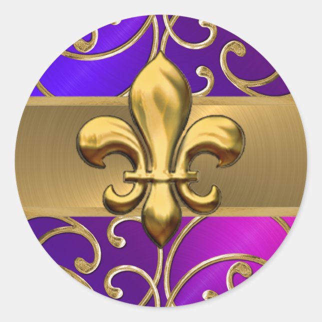 Purple Pink and Gold Filigree Swirls Fleur de Lis Classic Round Sticker (Front)
