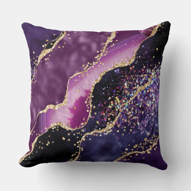 Purple, Pink and Gold Glitter Agate Pattern Cushion (Front)